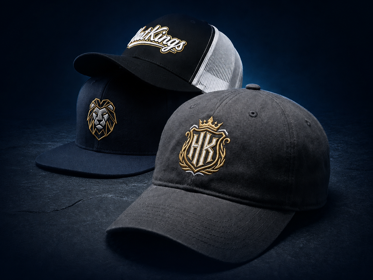 Three HatKings hats featuring embroidered script, lion, and gold crest designs on a dark blue background